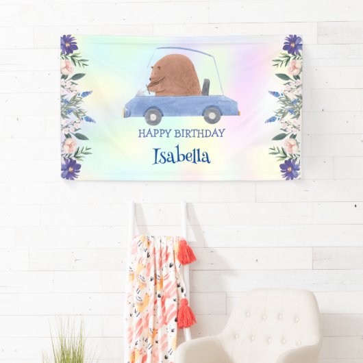 Banderoles Pink Bear Race car Fleur tropicale fête d'annivers (En situation)