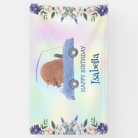 Banderoles Pink Bear Race car Fleur tropicale fête d'annivers (Vertical)