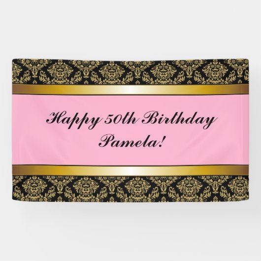 Banderoles Pink Black Any Age Gold Damask Anniversaire Banniè (Horizontal)