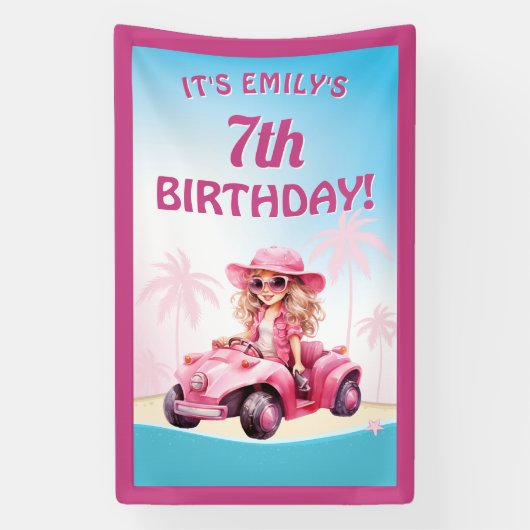 Banderoles Pink Convertible Beach Birthday (Verticale)