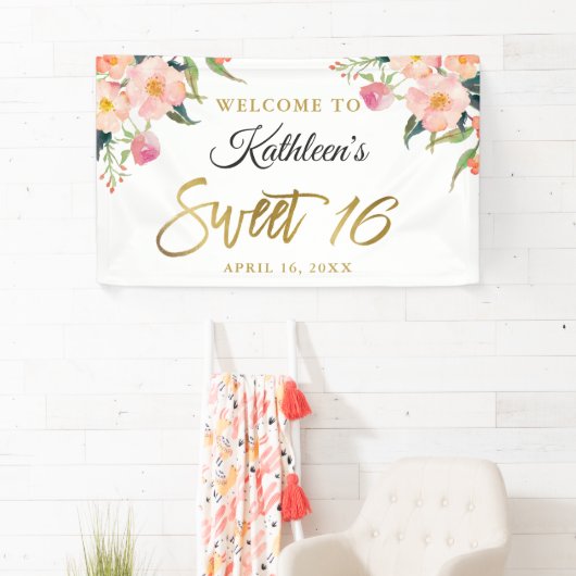 Banderoles Pink Floral Gold Script Sweet 16 Anniversaire Bann (En situation)