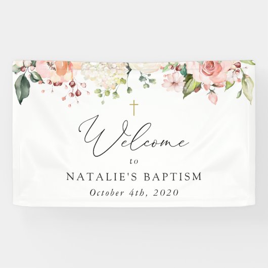 Banderoles Pink Flowers, White Flowers, Boho, Baptism Welcome (Horizontal)