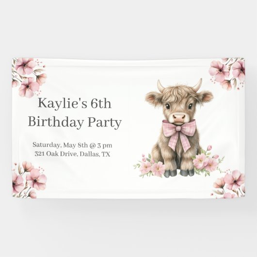 Banderoles Pink Highland Cow fête d'anniversaire (Horizontal)