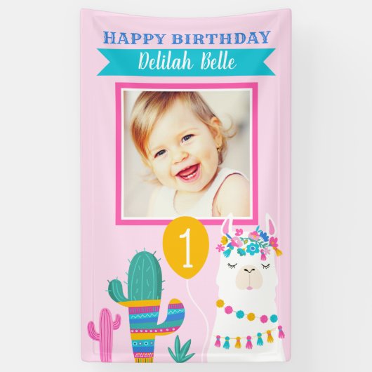 Banderoles Pink Llama joyeuse fête de photos d'anniversaire f (Vertical)