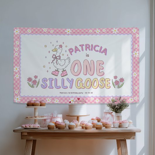 Banderoles Pink One Silly Goose-Girl First Birthday Backdrop