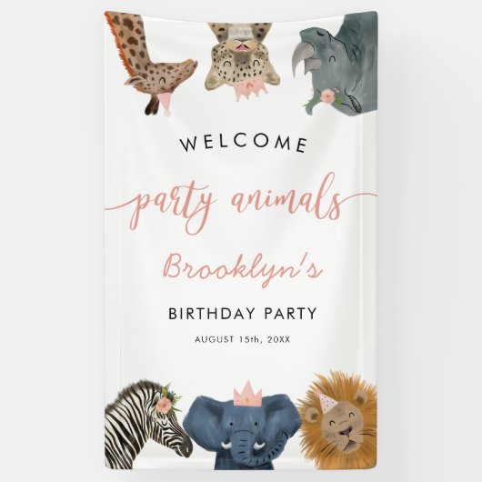 Banderoles Pink Party Animaux Safari Anniversaire Bienvenue (Vertical)