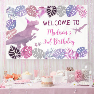 Banderoles Pink Purple Trois Rex Girl Dinosaur Anniversaire