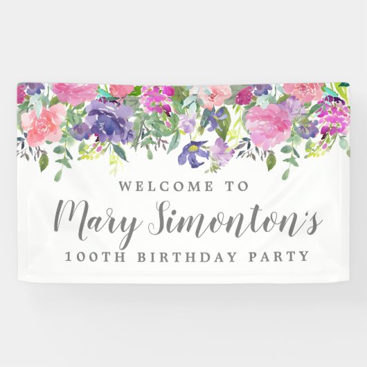 Banderoles Pink violet Floral 100e fête d'anniversaire Bienve (Horizontal)
