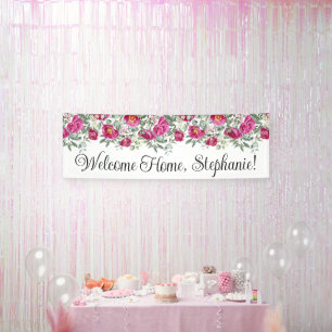 Banderoles Pivoines aquarelle rose chaud Bienvenue à la maiso