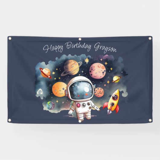 Banderoles Planètes de l'espace bleu Joyeux Anniversaire (Horizontal)