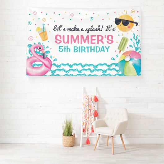 Banderoles Pool summer birthday party banner backdrop (Insitu)