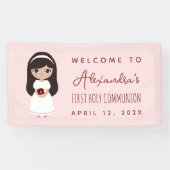Banderoles Première Communion Bienvenue Brunette Fille Rose m (Horizontal)