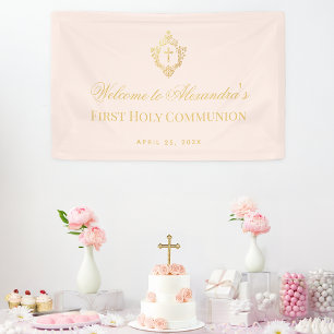 Banderoles Première Communion Fille Rose Faux Or Vintage Cres