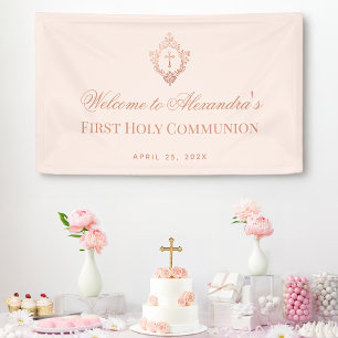 Banderoles Première Communion Rose Rose Gold Vintage Crest