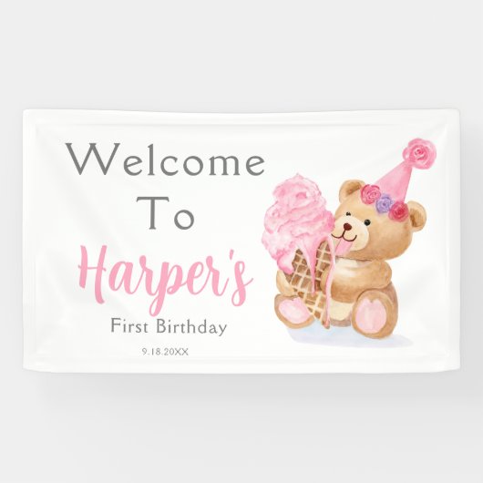 Banderoles Première fille d'anniversaire Teddy Bear Crème de (Horizontal)