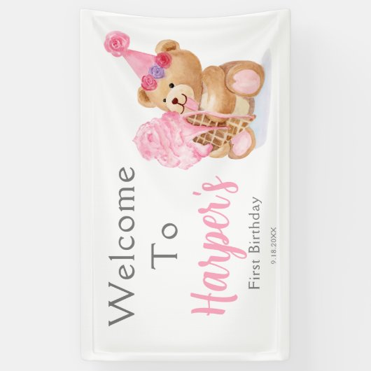 Banderoles Première fille d'anniversaire Teddy Bear Crème de (Vertical)