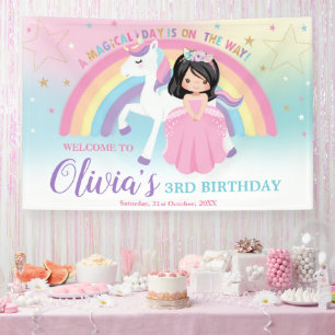 Banderoles Princesse aux Cheveux Noirs Licorne Rose Anniversa