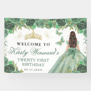 Banderoles Princesse Brune Robe Verte Fleurie Anniversaire