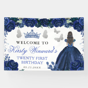 Banderoles Princesse Brunette Robe Bleue Fleurie Anniversaire