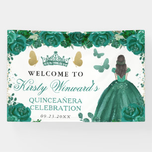 Banderoles Princesse Brunette Robe Verte Florale Quinceanera