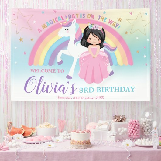 Banderoles Princesse Cheveux Noirs Licorne Rose Anniversaire (Fête)