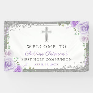 Banderoles Purple Floral Argent Première Communion Sainte Bie