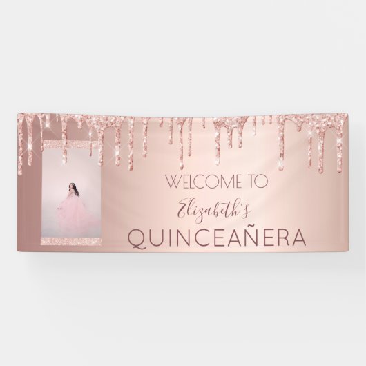 Banderoles Quinceanera fête photo rose or parties scintillant (Horizontal)