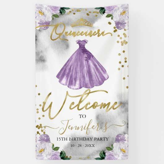 Banderoles Quinceanera florale violette Bienvenue (Vertical)