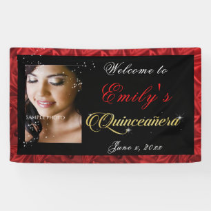 Banderoles Quinceanera Gold Sparkle, Red Satin Custom Photo,