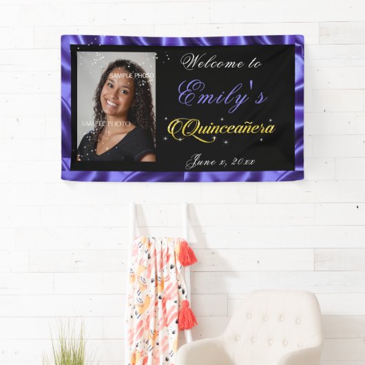 Banderoles Quinceanera Gold Sparkle Txt, Photo Satin Violet, (En situation)