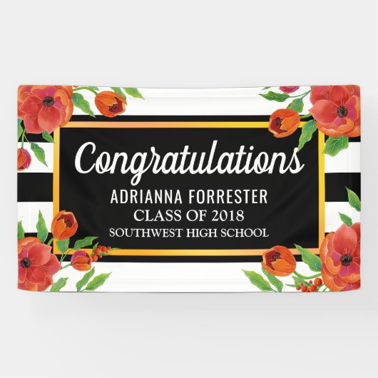 Banderoles Rayures blanches | noires florales rouges (Horizontal)