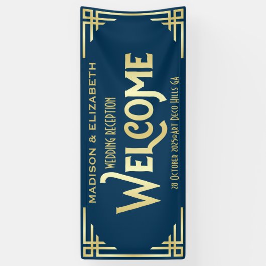 Banderoles Réception Mariage Art Déco Bienvenue Gold Dark Blu (Vertical)