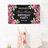 Banderoles Red Violet Peony Floral Black Birthday Welcome (En situation)