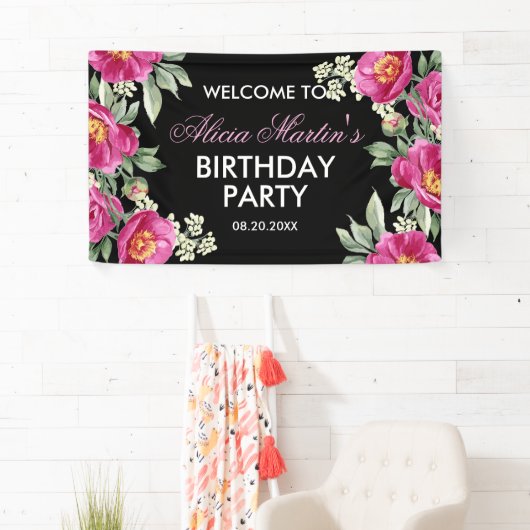 Banderoles Red Violet Peony Floral Black Birthday Welcome (En situation)