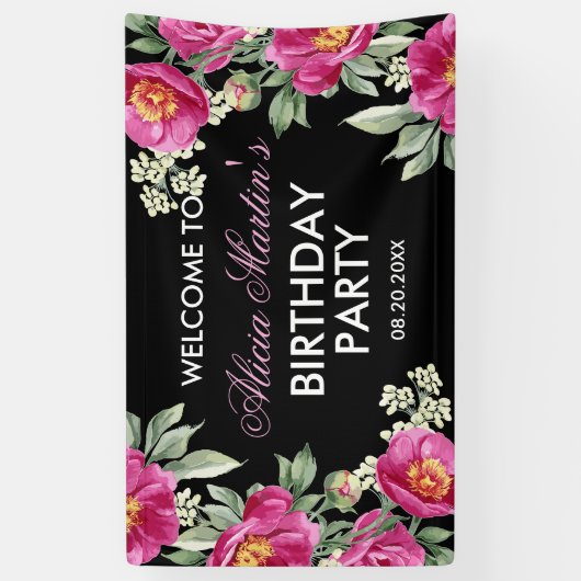 Banderoles Red Violet Peony Floral Black Birthday Welcome (Vertical)