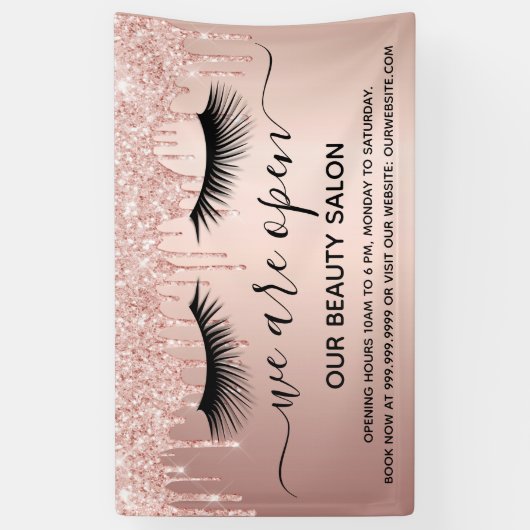 Banderoles Réouverture salon de beauté rose or parties scinti (Vertical)