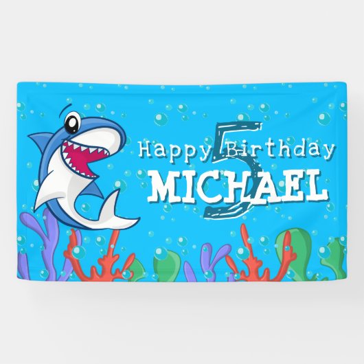 Banderoles Requin Bleu Océan Enfants N'importe quel âge Anniv (Horizontal)