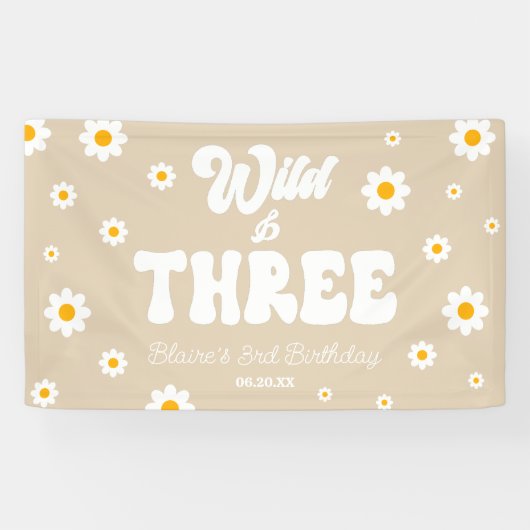 Banderoles Retro Daisy Flower Wild & Trois 3e fête d'annivers (Horizontal)