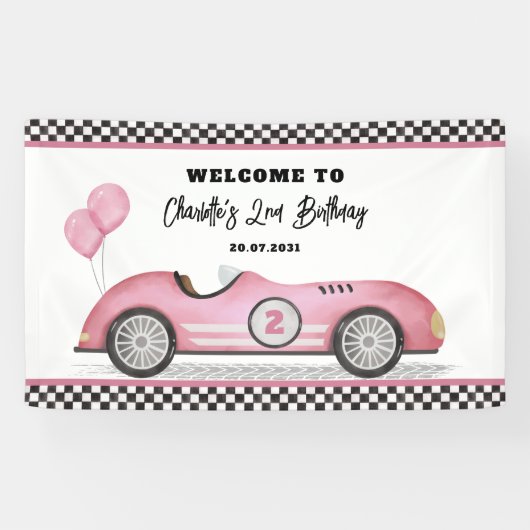 Banderoles Retro Rose Race Car Deux Fille Rapide Anniversaire (Horizontal)