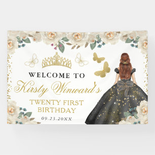 Banderoles Robe noire Princesse aux cheveux roux Fleur d'anni