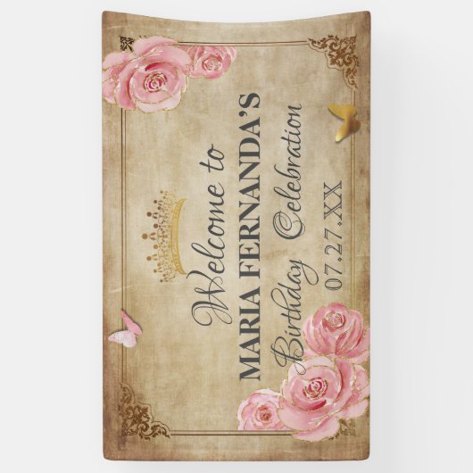 Banderoles Rose Bleu rose papillon Couronne or Quinceanera (Vertical)