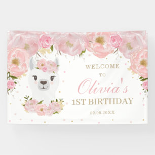 Banderoles Rose Floral Cute Llama 1er anniversaire fond