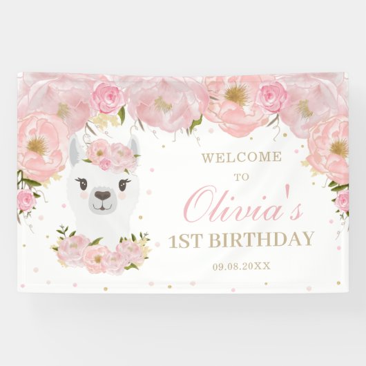 Banderoles Rose Floral Cute Llama 1er anniversaire fond (Horizontal)