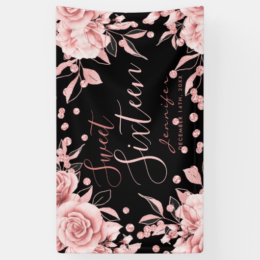 Banderoles Rose Gold Black Sweet 16 Parties scintillant Confe (Vertical)