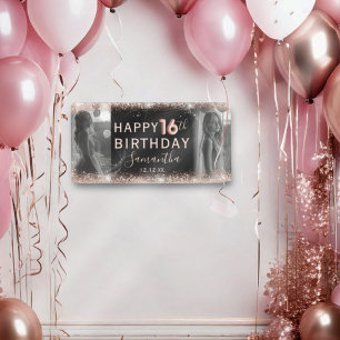 Banderoles Rose Gold Pailleté et Photo Anniversaire 16 ans Él