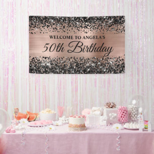 Banderoles Rose Gold Pailleté Noir 50e Anniversaire Bienvenue