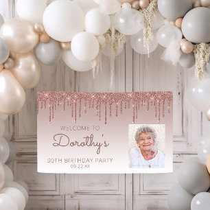 Banderoles Rose Gold Pailleté Personnalisé 90ème Anniversaire