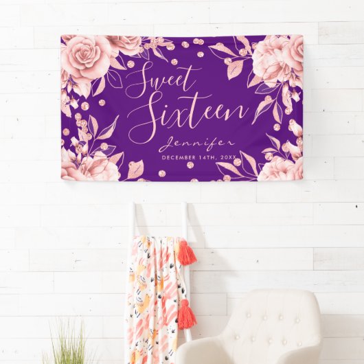 Banderoles Rose Gold Purple Sweet 16 Parties scintillant Conf (En situation)