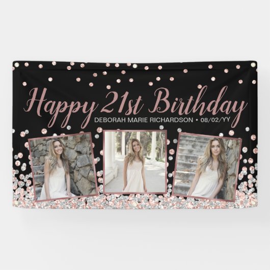 Banderoles Rose Gold Silver Photo Collage 21e anniversaire (Horizontal)