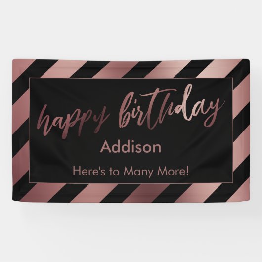 Banderoles Rose Gold Stripes sur Black Happy Birthday (Horizontal)